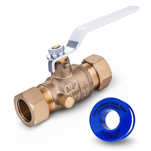 CMI Inc - 3/4 Inch Compression Brass Ball Valve with Drain, Full Port, Heavy Duty Shut-Off Valve for Water Lines, Inline Plumbing Fitting with Teflon Seal, 600 WOG, Lead-Free, CSA Approved - 1 Pack