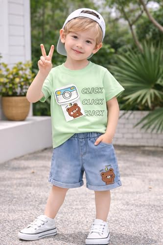 Image of Bold N Elegant Baby Boy Girl Camera Click T-Shirt with Denim Shorts Cotton Co-Ord Set Summer Outfit for Infant Toddler Kids Upto 5 Years