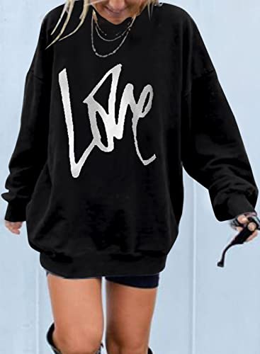 Dokotoo Womens Plus Size Love Oversized Crewneck Long Tunic Sweatshirts For Women Long Sleeve Comfy Cozy Winter Fleece Pullover 2023 Fall Tops Casual Loose Fit Graphic Tees Shirts Black Small #TOP17