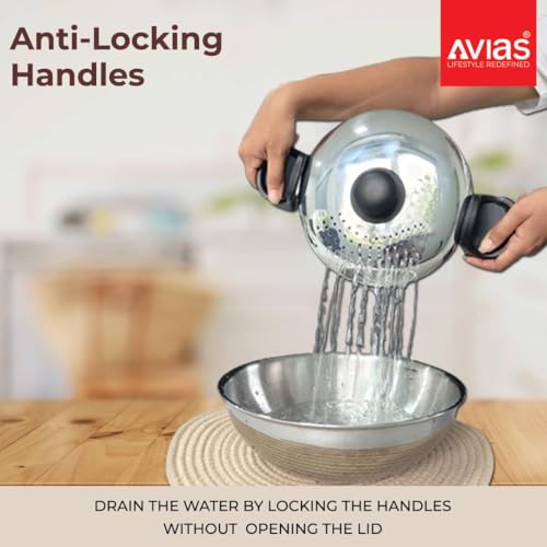 Image of AVIAS Stainless Steel Rice /Pasta Strainer Pot 3.7L with Glass Lid & Built-in Strainer | Triply Bottom | Locking Lid | for Rice, Pasta, Noodles, SOYA & Vegetables | Induction & Gas Compatible