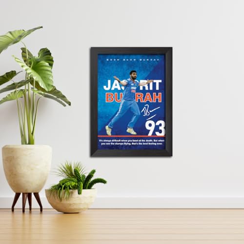 Image of TenorArts Jasprit Bumrah Poster with Quotes Indian Legend Cricket Player Photo Frame Painting with Matt Finish Black Textures (12 inches x 9inches)