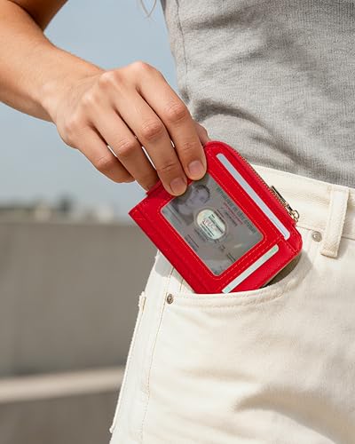 Image of Small Bifold Wallets Woman RFID Mini Wallet for Women Slim Card Holder with Zipper Coin Pocket & 2 ID Windows (Red)