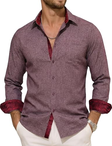 Barry.Wang Mens Linen Button Down Shirt Textured Breathable Maroon Casual