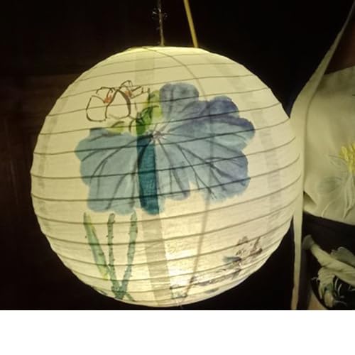 Chińska tradycyjna papierowa latarnia festiwalowa, Chiński styl papierowy lampion Plum Blossom Lotus drukowany okrągły papierowy lampion dekoracja weselna wisząca papierowa kula(White Hehua Yuanyang)