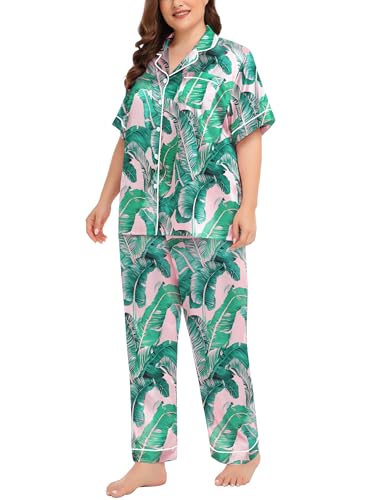 Image of SWOMOG Women's Plus Size Pajamas Silk Satin Pajama Set Short Sleeve Shirt with Full-Length Pants Pjs Sleepwear Set 18W-26W