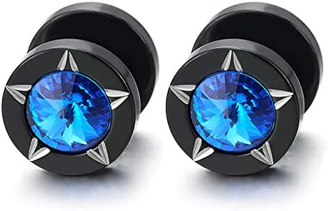 Men Women Black Star Laser Pattern Circle Stud Earrings Blue Spike CZ, Steel Cheater Fake Ear Plug