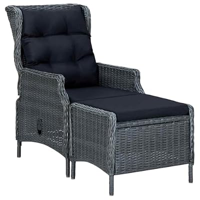 LPERTGFHU Outdoor Reclining Patio Chair with Footstool, Adjustable Backrest PE Rattan Lounge Chair with Thick Cushions for Garden Backyard Deck Gray
