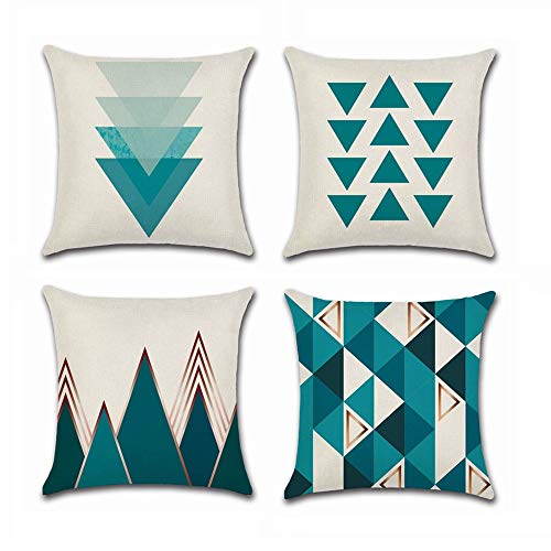 BoomTeck 4 Pcs Housses de Coussin 45 x 45 cm, Carré Décoratif Taie d'oreiller Canapé Housse Coussin Bleu Triangle Imprimé Motif Géométrique Coton Lin Décoration Maison pour Chambre Salon Bureau