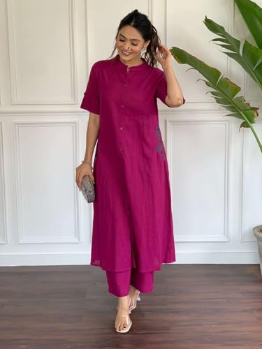 Image of Women's Cotton Embroiderd Long A-Line Kurti with Palazzo