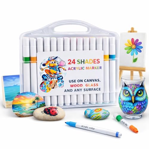 Image of Professional Acrylic Paint Markers Set, 24 Vibrant Colours, Brush Tip, Water-Based, Non-Toxic, for Rock Painting, Canvas, Glass, Wood, School Projects, with Portable Storage Case