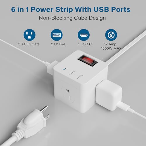 Outdoor Power Strip Cube 10 Ft, IPX4 Waterproof 3 AC Outlet Widely Spaced with 2 USB-A & 1 USB-C PD 20W Charging Station, Low Profile 45 Degree Flat Plug Extension Cord Wall Mountable, ETL-White by HiFind - Used condition - Image 3