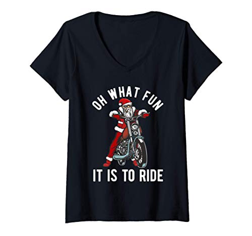 Donna Biker Santa Funny Christmas Ride a Bike Motorcycle Lover Fan Maglietta con Collo a V