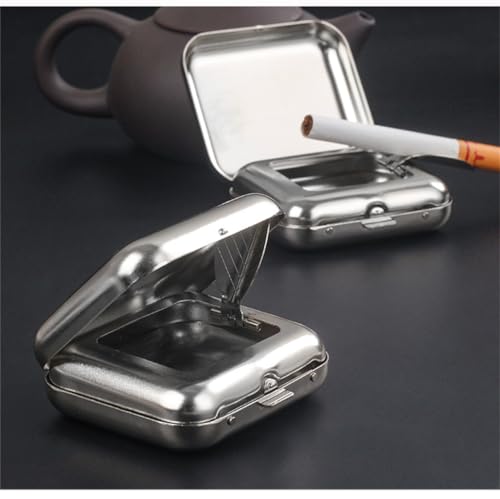 Image of Mini Pocket Ashtray Windproof Ashtray with Lid, Stainless Steel Car Ash Tray for Compact Cigarette Snuffers, Indoor /Outdoor, 2.36 Inch, Silver