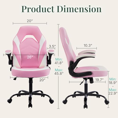 Image of Ergonomic Computer Gaming Chair - Home Office Desk with PU Leather Lumbar Support, Height Adjustable Big and Tall Video Game with Flip-up Armrest, Swivel Wheels for Adults,White and Pink