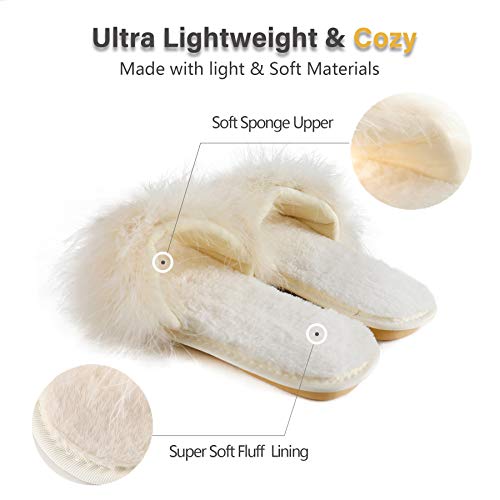 Women's Furry Slippers Open Toe Fuzzy Slippers Memory Foam House Fur Slippers (Beige, Numeric_9_Point_5) #TOP2