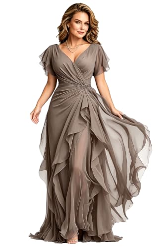 Short Sleeve Mother of The Bride Dress for Wedding Ruffle Chiffon V Neck