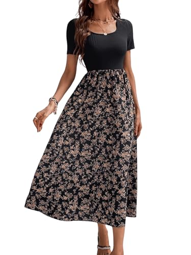 SweatyRocks Blumenkleid Damen Lang Boho Kleider Maxikleid Hochzeitsgast Langer Blusenkleid Mit Blumen Sommerkleider Schwarz M