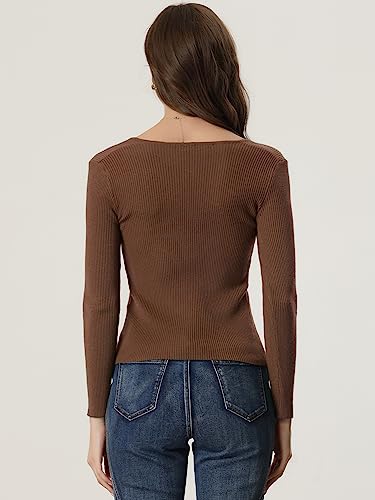 Image of Allegra K Women's Casual Sweetheart Neck Sweater Long Sleeve Top Slim Fit Pullover Sweater Medium Brown