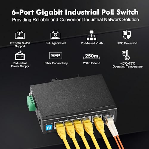 Switch Industrial Gigabit PoE de 6 Puertos MokerLink con Riel DIN, 4 Puertos PoE 100/1000Mbps, Estándar IEEE 802.3af/at (PoE+), 1 Uplink Gigabit, 1 SFP, Montaje en Riel DIN y Pared, Carcasa de Metal Negro miniatura 2