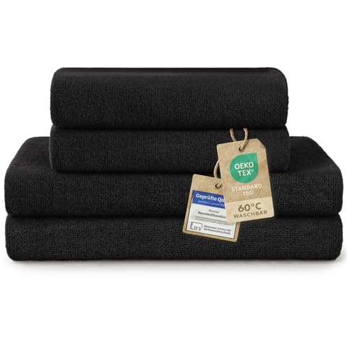 Blumtal Premium Frottier Handtücher Set 4 teilig 100% Baumwolle – Oeko-TEX zertifiziertes Badetuch 2X (70×140 cm) + Towel 2X (50×100 cm) – saugstarkes Frottiertücher Set – Handtücher Schwarz