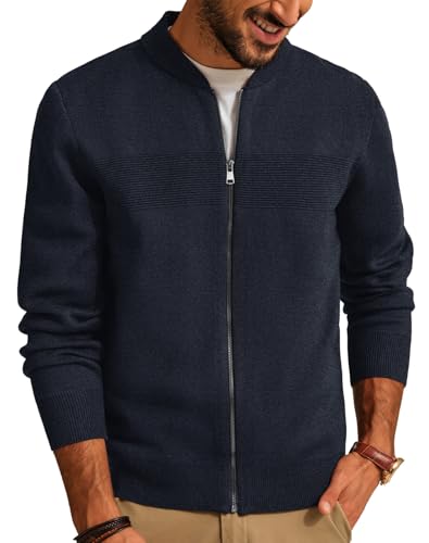 PJ PAUL JONES Mens Full Zip Cardigan Sweater Stand Collar Knit Sweater Navy Blue Cardigan for Men...