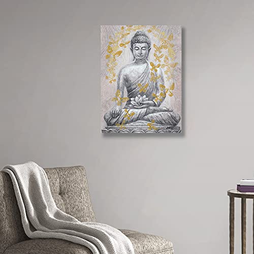 Buddha Canvas Wall Art Gold-Foil: Zen Statue Textured Print With Lotus Flower For Buddhism Prayer Wall Decor Inspirational Posters For Spa Yoga Room Decorations Framed Ready To Hang 12"X16" #TOP3