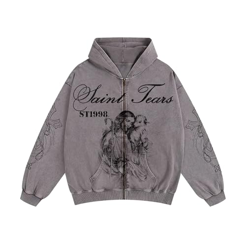 Image of Chainsaw Man Mens Streetwear Zip Up Hoodie Saint Graphic Long Sleeve Jacket with Pockets Casual Letter Print Sweatshirt