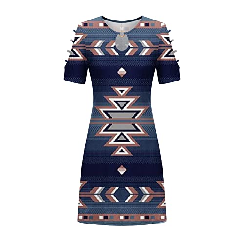 Mobctg Formal Dress Short, Ladies Casual Vintage Print Round Neck Off Shoulder Short Sleeve Loose Dress Beach Dresses For Women Long Beach Sundress Dresses Casual Summer Long Dress (Xl, Navy) #TOP3
