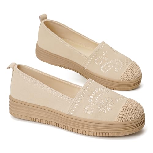 Imagen de GLAMORA Bailarinas Mujer Manoletinas Merceditas Slip On Lona Zapatos Planos Plataforma Baja Zapatillas Casual Cómodas Primavera Verano Puntera Crochet Estilo Esparto con Detalle Bordado beige-39