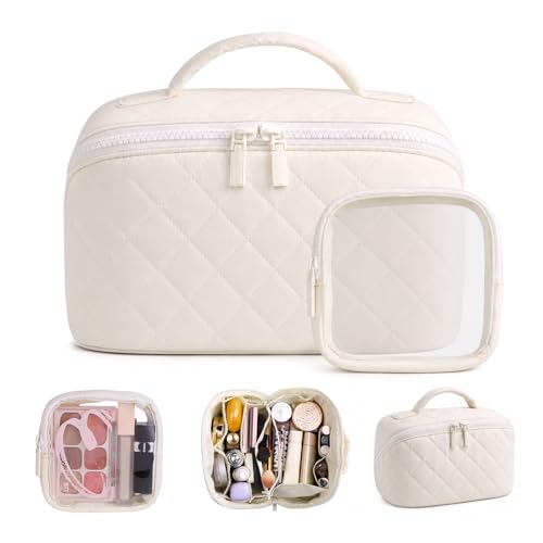 Image of Batfield Makeup Pouch Bag for Women, 2Pcs Waterproof Puffer Set with 180 Flat Open, Travel Large Capacity Makeup Bag for Women with Brush Compartment & Handle for Vacation, Business Trip (White)