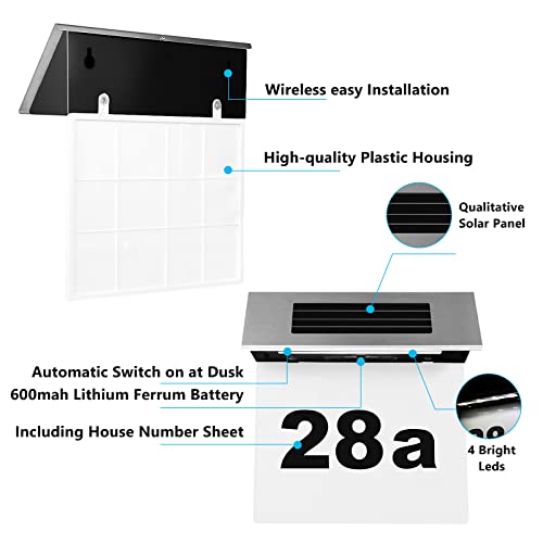DEECOZY Hausnummer Beleuchtet Solar, Beleuchtete Hausnummern Mit Led Beleuchtung Aus Edelstahl IP44 Individuelle Dämmerungssensor Witterungsbeständig Hausnummernschild Solarhausnummer Schild
