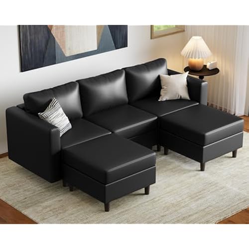 ABCASA Faux Leather U Shaped Modular Sectional Sofa 91.5", 5 Seater Couch with Movable Ottoman Deep Seat and Storage Seat with Removable Cover for Living Room, Apartment - Black