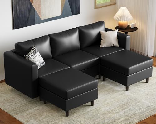 Image of ABCASA Faux Leather U Shaped Modular Sectional Sofa 91.5 inch, 5 Seater Couch with Movable Ottoman Deep Seat and Storage Seat with Removable Cover for Living Room, Apartment - Black