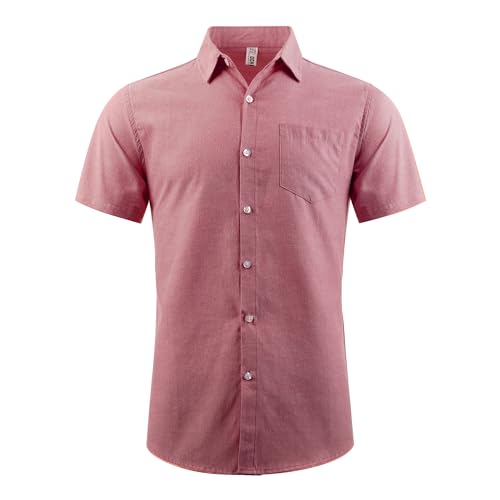 OCHENTA Mens Short Sleeve Button Down Oxford Dress Shirt Summer Casual Tops 1 Pink L