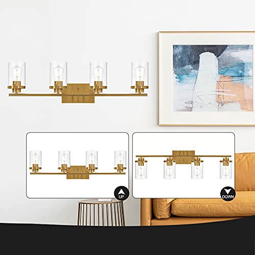 Queeuq Brushed Brass Bathroom Vanity Light Fixtures 4-Light With Clear Glass Shade Farmhouse Wall Sconce Modern Light Fixture Wall Mount Lamp For Hallway Dining Room Living Room #TOP3