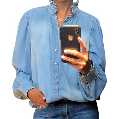 Womens Blue Ruffled Collar Denim Shirt Trendy Snap Fastener Long Sleeve Tops 2025 Fall Western Cowboy Style Tops