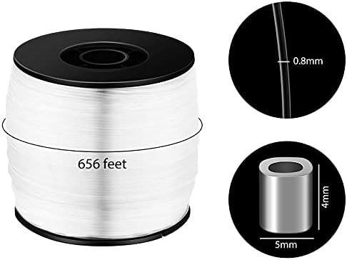 Strong Clear Invisible Hanging Wire Fishing Wire 0.8 mm up to 100 Lbs 656 Feet Fishing Line with 100 Pieces Aluminum Crimping Loop Sleeves Clear String Hanging Kit for Picture Frame Hanging Decoration