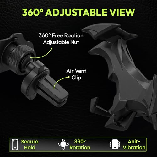 Image of Questsole Car Mobile Holder, Universal Air Vent Phone Mount for All Smartphones, 360 Rotation, Strong Grip, Futuristic Bat-Wing Design - Jet Black