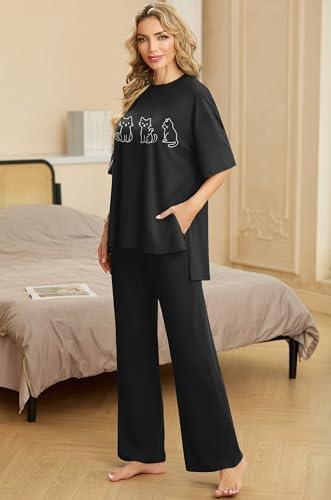 Image of PrinStory Womens Pajamas Sets 2 Piece Lounge Set Short Sleeve Tops and Long Pants Soft Pjs Loungewear with Pockets