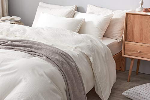 DAPU 55% French Linen 45% Cotton Duvet Cover with 2 Pillowcases, 3 Piece Ultra Soft Breathable Bedding Comforter Cover Sets with Button Closure (Ivory/Linen Cotton, Full/Queen)