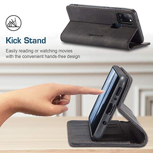 Ueebai Wallet Case For Samsung Galaxy A21S, Premium Pu Leather Case Vintage Matte Wallet Flip Cover [Card Slots] [Magnetic Closure] Stand Function Folio Shockproof Full Protection - Black #TOP2