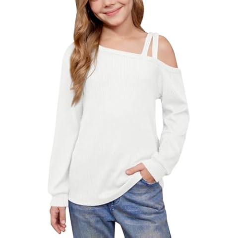 BesserBay Girl Fall Vacation Y2k Knitted Sweater Ribbed Off Shoulder Long Sleeve Asymmetrical Neck Sweatshirts White 8 Years Cover