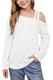 BesserBay Girls Fall Holiday Knit Sweaters Ribbed Cold Shoulder Long Sleeve Asymmetrical Neck Sweatshirt White 10 Years