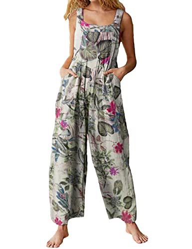 Himosyber Women's Patchwork Dual Pocket Jumpsuit Loose Floral Print Bohemian Wide Leg Bib Overall (#1White, M)
