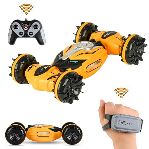 RC Stunt Cars Remote, Amphibious Remote Control Car with 4WD and 2.4GHz, All Terrain Off Road RC Stunt Car, 1:16 Remote Control Gesture Sensor Toy Car For 8-14 Year Old Kids Boys Girls (Yellow)