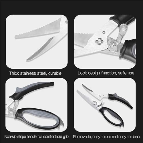 Heavy Duty Kitchen Scissors - All Purpose Shears for Cutting Meat, Poultry, Fish & Bones - Ergonomic Design, Red Color, Ideal for Home Cooking & BBQ