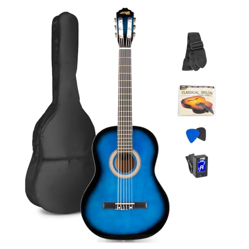 MAX SoloArt Guitarra clasica con cuerdas de nailon para Principiantes Adultos - guitarra flamenca con Funda, Afinador, Púa, Correa y Accesorios - Guitarra Española 4/4 en color azul