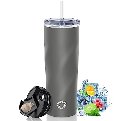 RNGODO 17oz Tumblers with Straw, Double Wall Vacuum Insulated Tumblers with 2 Lids, Stainless Steel Travel Coffee Mug for Hot and Cold -Reusable Leakproof Travel Tumbler, Fit in Car Cup Holder(Gray)