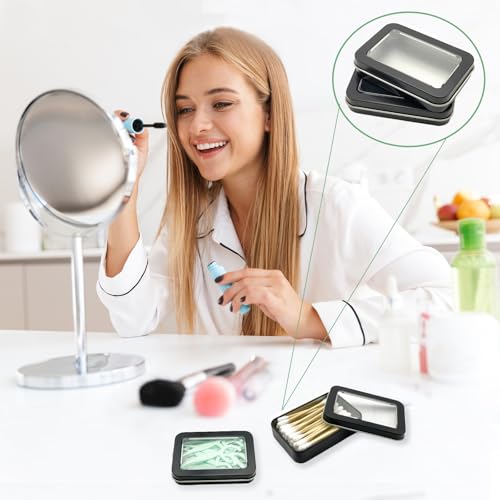 MatFirsmo Cotton Swab Holder for Travel, 2 Pcs Portable Small Dental Floss Holder Empty Metal Cotton Ball Holder, Travel Floss Picks Case with Dustproof Lid for Cotton Swabs Hair Ties Floss, Black