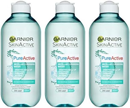 Garnier Pure Active Micellar Facial Cleansing Water for Combination, Oily and Sensitive Skin, Purifying Face and Eye Make-up Remover and Cleanser 400 ml Pack of 3